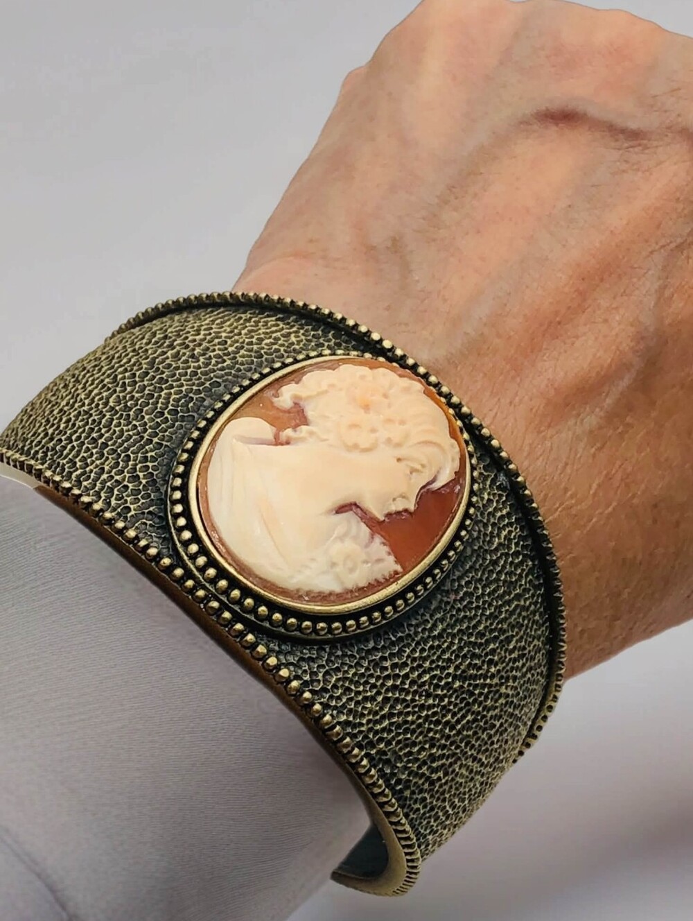 Amedeo NYC Bronze Cuff Bracelet With Pink Shell Cameo
